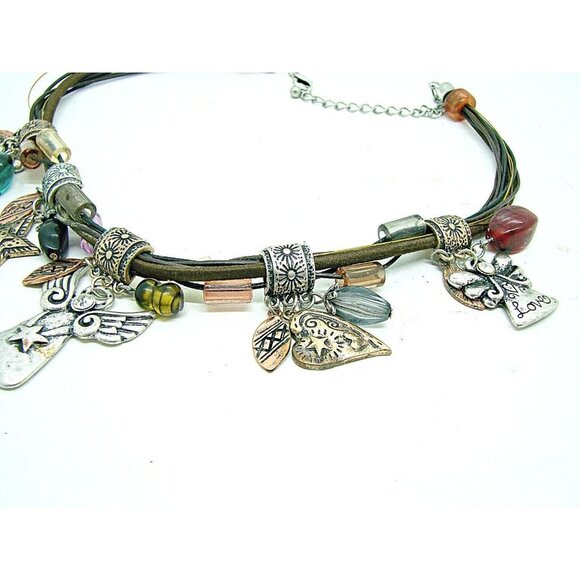 Beaded Silver Copper Rhinestone Leather Rope Necklace Angel Stars Hearts 9" - Picture 6 of 8